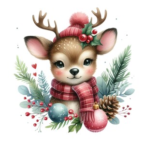 May include: A cute cartoon reindeer wearing a red and white plaid scarf and a pink Santa hat with holly and berries. The reindeer is surrounded by green pine branches and red berries.