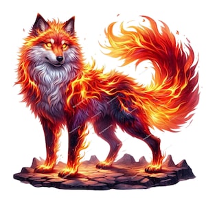 Könnte beinhalten: Digitale Illustration eines feurigen Fuchses, der auf einer felsigen Oberfläche steht. Das Fell des Fuchses ist eine lebendige Mischung aus roten, orangen und gelben Flammen mit leuchtend gelben Augen. Fantasy-Thema.