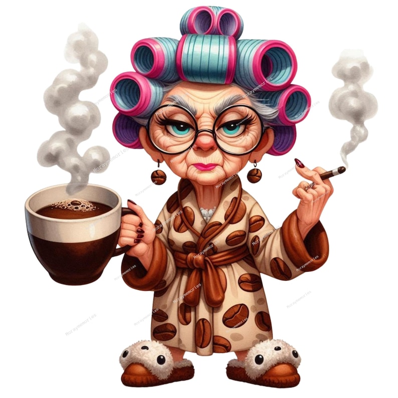 Cozy Coffee Lady Clipart | Funny Older Woman PNG | Cute Granny Coffee ...