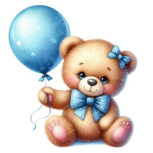 Clipart di un tenero orsacchiotto e palloncino - Acquerello - Baby Shower - Neonato - Download immediato - Orsetto carino - Asilo nido - Png - Orsi volanti