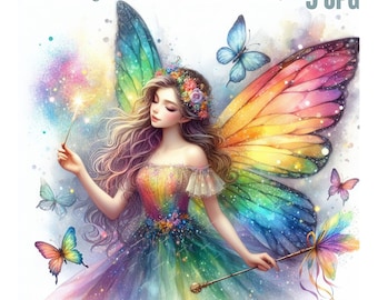 May include: A fairy with rainbow wings and a dress, holding a wand with a sparkling star at the end. She has long brown hair and a flower crown. There are butterflies flying around her.