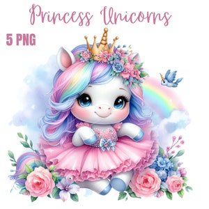 Clipart licorne princesse, clipart arc-en-ciel, aquarelle PNG, jolie princesse licorne, journal indésirable, fabrication de cartes, imprimable par sublimation