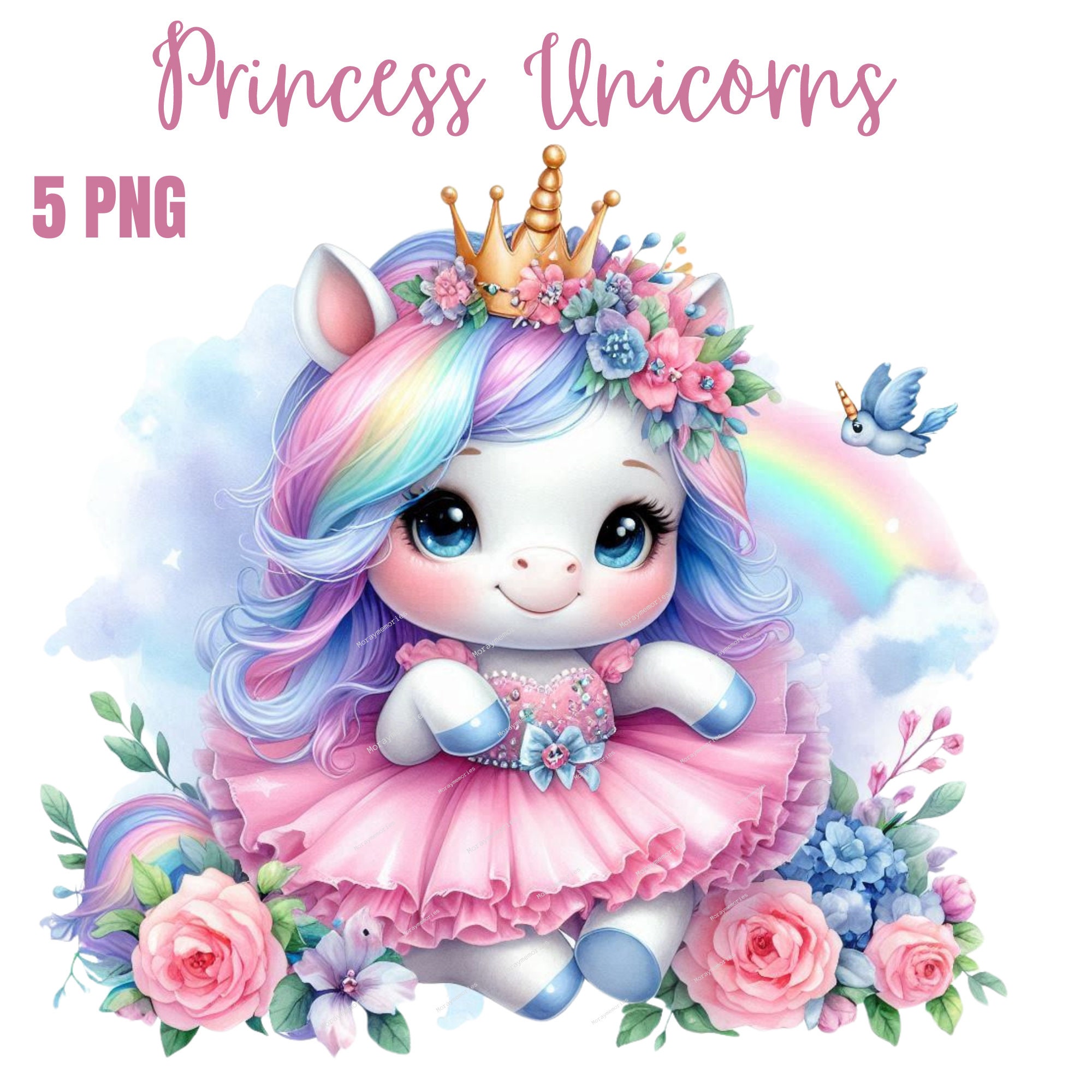 Princess Unicorn Clipart, Rainbow Clip Art, PNG Watercolor, Cute Unicorn Princess, Junk Journal, Card Making, Sublimation Printable