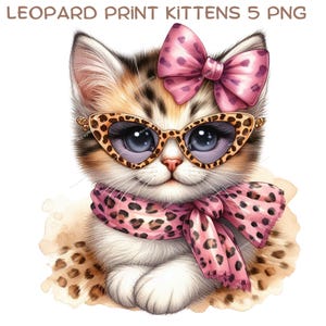 Clip art di un gattino carino, clipart di un fiocco con stampa leopardata, PNG di un gatto carino, maglietta scolastica per bambini, tazza tumbler per sublimazione, pianificatore