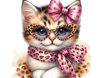 Cute Kitten Clip Art, Leopard Print Bow Clipart, PNG Cute Cat, Teacher Kids School Shirt, Sublimation Mug Tumbler, Planner