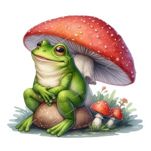 May include: A whimsical illustration of a green frog sitting on a brown stone under a large red mushroom with white spots. Two smaller red mushrooms with white stems are nearby, with green grass and small flowers.