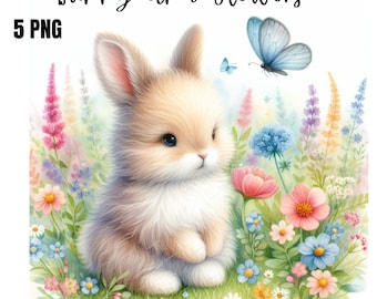 Bunnies and Wildflowers Clipart, Cute Bunny Clipart, Easter Clipart, Easter Bunny PNG, Wildflower PNG, Spring Clipart, Wildflower Meadow