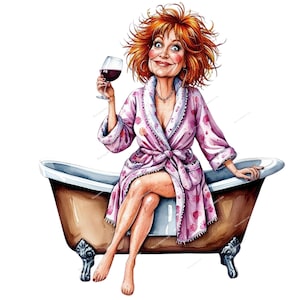 12 cliparts PNG drôle femme baignoire, femme originale dans un bain moussant avec des cheveux en désordre et du vin, téléchargement numérique art, licence commerciale, drôle png