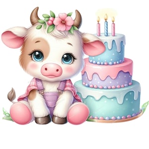 Cute Birthday Cow PNG, Baby Cow, Baby Cow Nursery, Pastel Cow Invitation clipart, Nursery Wall Art, Farm Animals, Watercolor Clipart