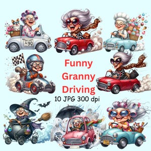 May include: A collection of whimsical illustrations featuring elderly women driving various cars. The images showcase the text "Funny Granny Driving" and include details like a cat, a squirrel, and a witch. The illustrations are vibrant and cartoonish.