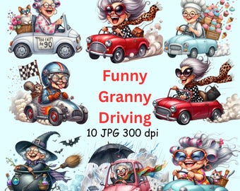 Funny Granny Driving Clipart Bundle – 10 Whimsical Grandma Car JPG Images for Crafts, Cards, Sublimation & DIY Projects