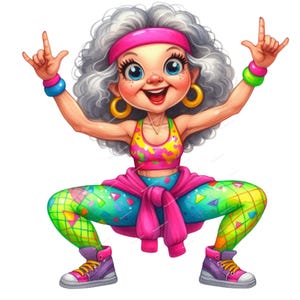 Può includere: Illustrazione di un cartone animato di una donna in abbigliamento da allenamento anni '80. Indossa una fascia rosa, orecchini a cerchio dorati e un reggiseno sportivo colorato. I suoi leggings sono turchesi con forme geometriche e indossa scarpe da ginnastica viola e rosa. Sorride e fa un gesto rock.