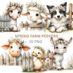 Könnte beinhalten: Digitale Illustration mit sechs Bauernhoftieren: Pferd, Lamm, Hund, Kuh, Ente und Esel. Jedes Tier trägt einen Gänseblümchen-Blumenkranz und blickt über einen Holzzaun. Der Text lautet "SPRING FARM PEEKERS 10 PNG".
