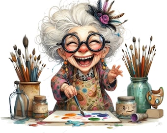 面白い絵を描くおばあちゃんコレクション、芸術的なおばあちゃんPNG、風変わりなシニアアーティスト、イーゼルを持った高齢者、創造的なおばあちゃん、カラフルな画家