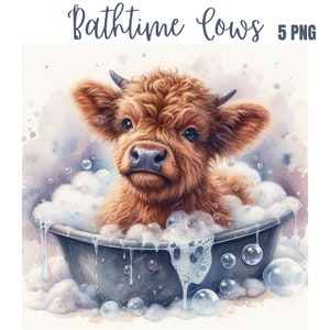 PNG, Highland Langharige Koe clipartbundel, schattige koe sublimatie, badtijd png, afbeelding, koebaby, Schotse Hooglander png, digitale download