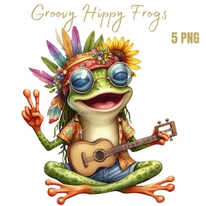 Clipart grenouille hippie, clipart grenouilles lunatiques, grenouille drôle, grenouille hippie numérique, Portraits de grenouille mignonne, usage commercial, clipart planificateur