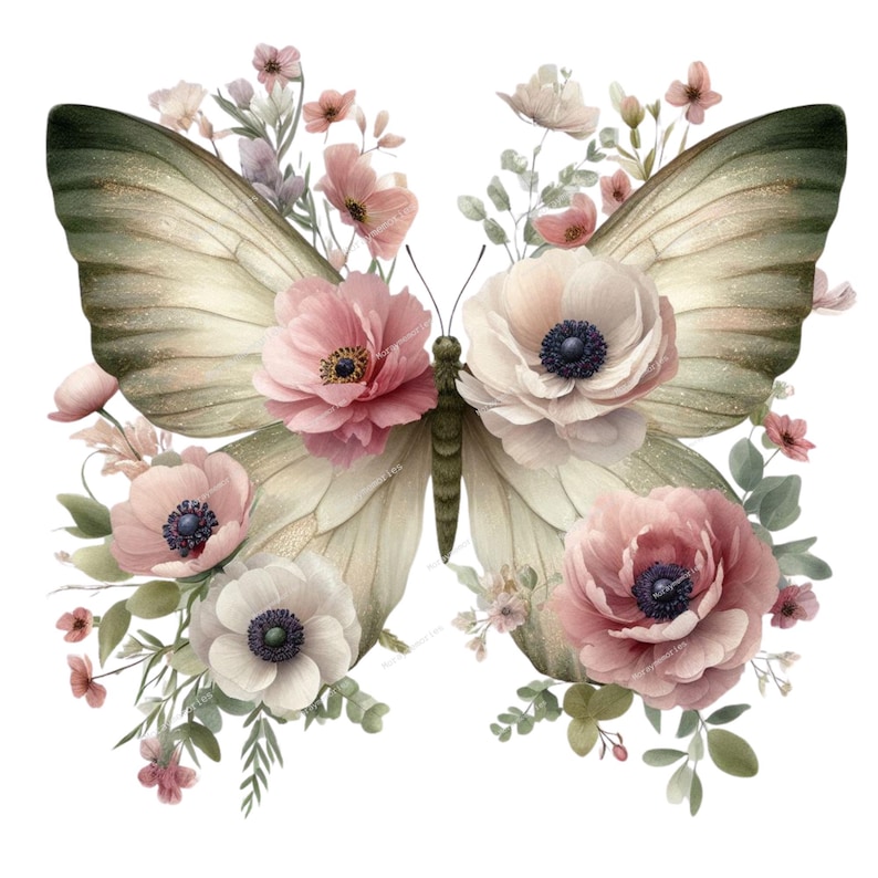 May include: A watercolor illustration of a butterfly with cream-colored wings and a green body. The butterfly is adorned with pink and white flowers and green foliage, creating a floral design.