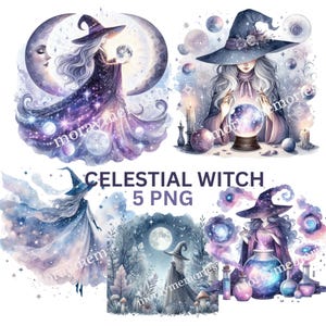 Puede incluir: Una colección de cinco imágenes PNG con ilustraciones de acuarela de brujas celestiales. Las imágenes muestran brujas en varias poses, rodeadas de lunas, estrellas y elementos místicos. Se muestra el texto "CELESTIAL WITCH 5 PNG".