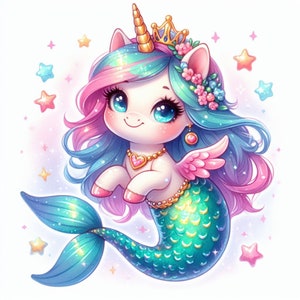 May include: A whimsical illustration of a mermaid unicorn. The creature has a white body, a teal and green mermaid tail, and pink wings. It wears a gold crown, a heart-shaped necklace, and has flowing blue and pink hair. Stars surround the character.