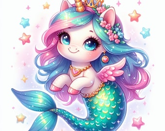 10 PNG kawaii rainbow mermaid unicorn clipart set, digital download for scrapbooking & invitations