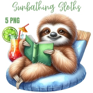 Puede incluir: Un perezoso marrón que lleva un flotador inflable azul y blanco, leyendo un libro verde, con un cóctel rojo y amarillo y una rodaja de lima en el fondo. La imagen se titula "Sunbathing Sloths 5 PNG".