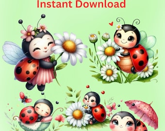 10 Adorable Ladybug PNG Clipart Bundle – Watercolor Ladybug Illustrations for Nursery Wall Art, Digital Planners, Cards & Journaling