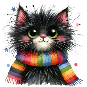 Quirky Messy Hair Cat Clipart, 10 JPG, Watercolor Kitten, Junk Journaling, Scrapbook, Card Making, Digital Download, Fantasy, Whimsical Pet