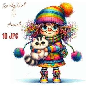 10 Quirky Girl and Animal Clipart | Whimsical Watercolor JPGs | Instant Download | Fantasy Junk Journal Ephemera | Paper Craft | Commercial