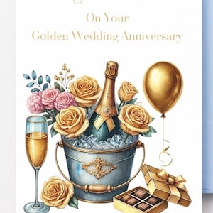 Tarjeta de aniversario, descarga digital, tarjeta de aniversario imprimible, descarga instantánea, aniversario de oro, tarjeta de 50 aniversario de bodas, aniversario de oro