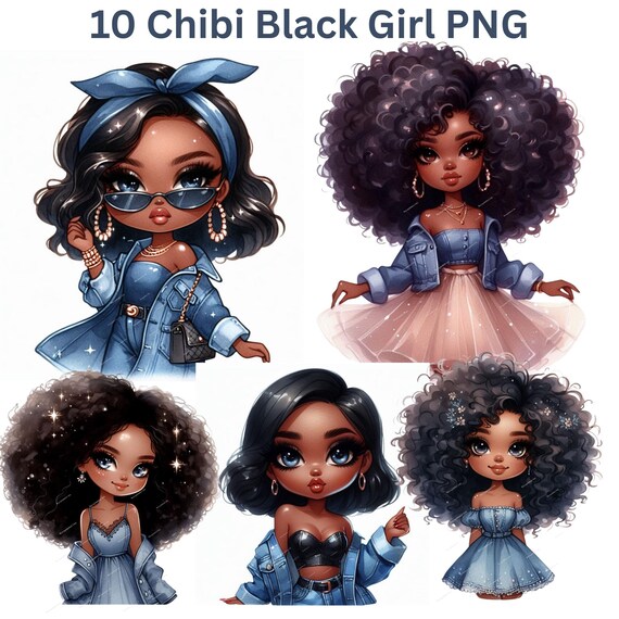 10 Black Girl Clipart Set – Chibi Afro Girl PNG, Cute Black Girl Illustrations, Denim Outfit Clipart, Sublimation & Commercial Use