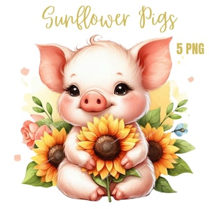 Imágenes prediseñadas de cerditos y girasoles, PNG de alta calidad, PNG de cerdito, planificador digital floral, acuarela, creación de tarjetas, diario, descarga digital