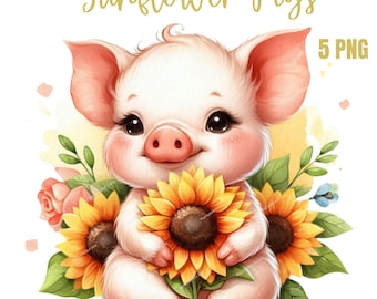 Cute Pigs and Sunflower Clipart, High Quality PNGs, Piglet png, Floral Digital Planner, Watercolor, Card Making, Journaling,Digital Download