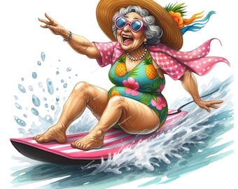 10 Funny Old Ladies at the Beach Clipart Bundle, Granny Sports Summer Watercolor JPGs, High-Quality Digital Download for Paper Crafts