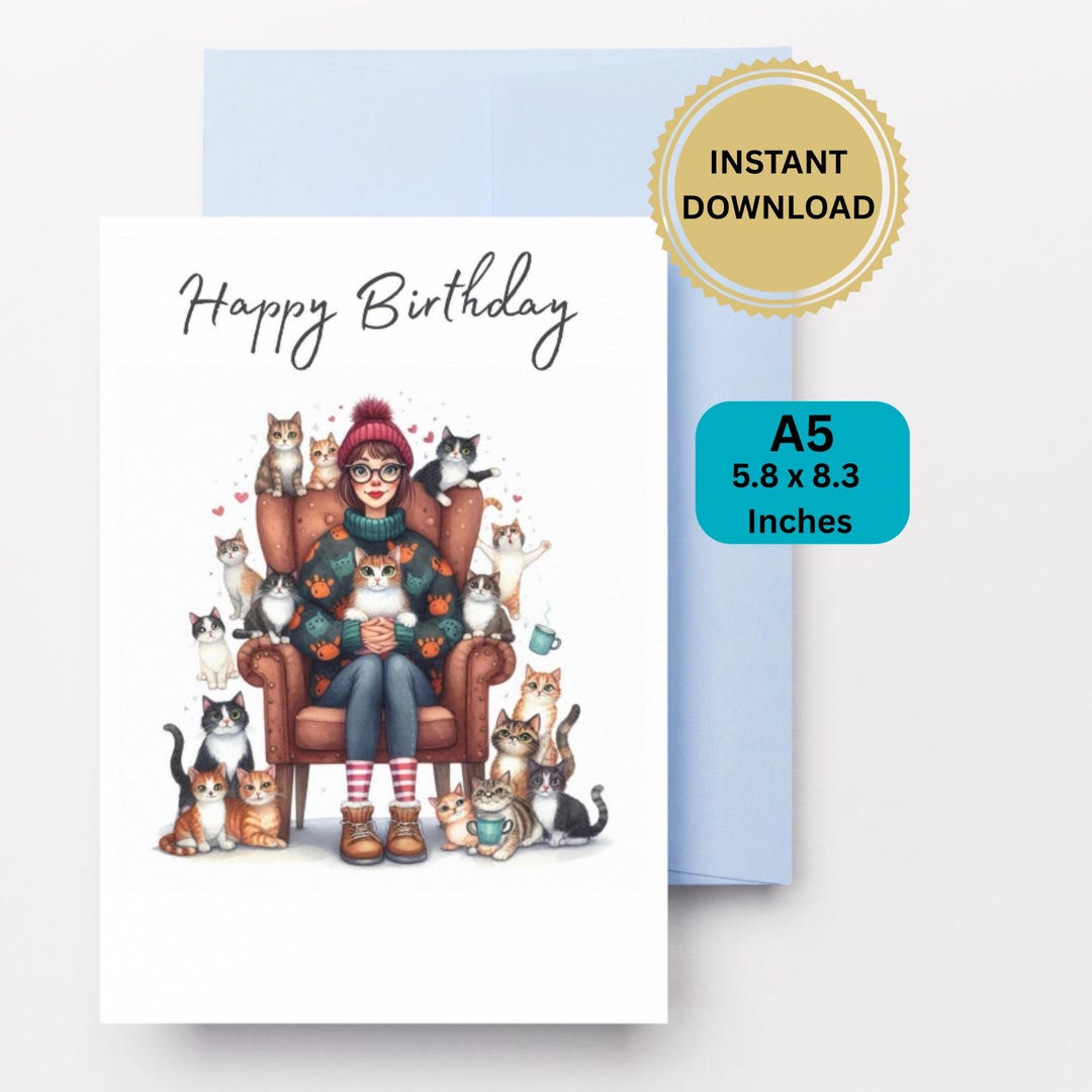 Funny Cat Birthday Card Printable – Instant Download Digital Greeting ...