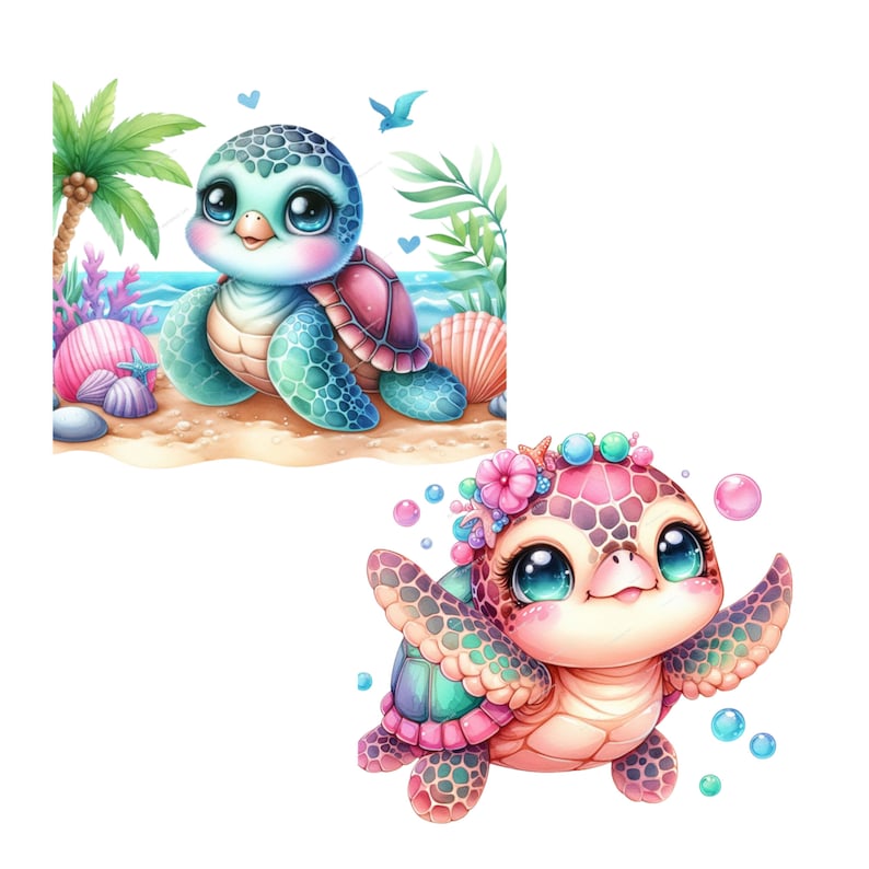 May include: Two cartoon turtles, one blue and green with a shell, the other pink and green with a shell, both with big eyes and smiling. The blue and green turtle is sitting on a beach with palm trees and seashells. The pink and green turtle is flying in the air with bubbles around it.