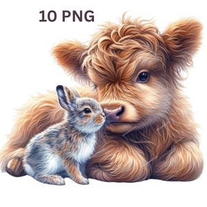 10 Cute Highland Cow and Hare Clipart, Cow PNG, Watercolor Farm Animal, Digital Planner Stickers,Scrapbooking, Card Making, Journaling