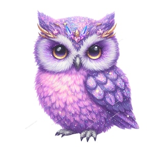 May include: A purple glitter owl with a jeweled crown. The owl has large, round eyes with gold pupils. The crown is made of gold and has a large, blue crystal in the center.
