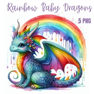 Dragon, Cute Rainbow Dragon Watercolor Clipart, Cute baby dragons, baby dragon clipart, dragon png, dragon birthday,art, fantasy clipart