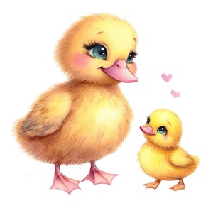 May include: A watercolour illustration of two yellow ducklings with fluffy feathers, pink beaks, and large blue eyes. The larger duckling has long eyelashes and is looking at the smaller one. Two pink hearts float above.