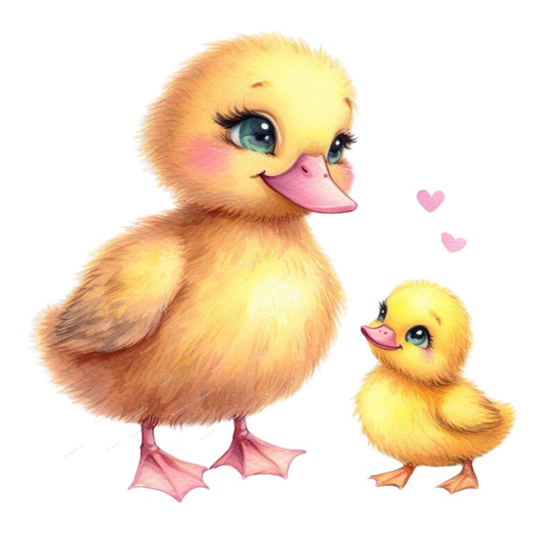 May include: A watercolour illustration of two yellow ducklings with fluffy feathers, pink beaks, and large blue eyes. The larger duckling has long eyelashes and is looking at the smaller one. Two pink hearts float above.