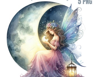 Moon fairy PNG, fantasy graphics, Ethereal clipart, Celestial fairy clipart, transparent background, With commercial use