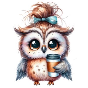 かわいいフクロウのクリップアートPNG、10枚のフクロウのコーヒークリップアート、ベビールーム昇華、ベビーシャワー、グリーティングカード、デジタルダウンロード、印刷可能なフクロウPNG