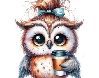 Cute Owl Clipart PNG, 10 Owl Coffee ClipArt, Baby Nursery Sublimation, Baby Shower, Greeting Card, Digital Downloads, Printable Owl PNG