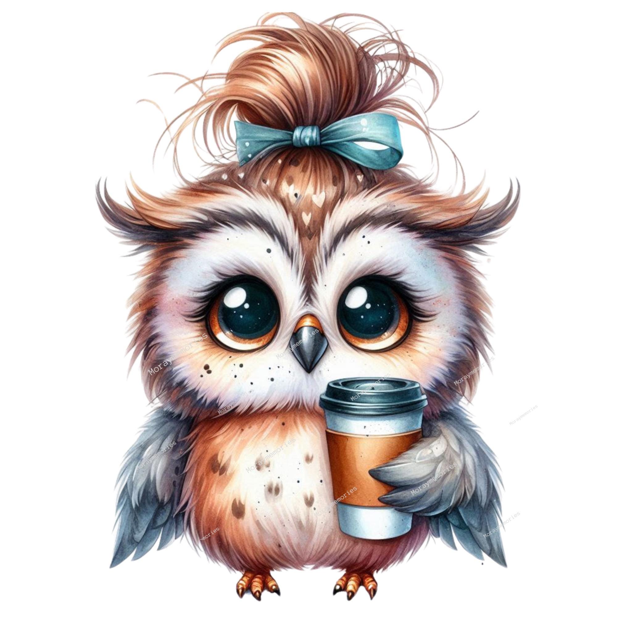 Cute Owl Clipart PNG, 10 Owl Coffee ClipArt, Baby Nursery Sublimation, Baby Shower, Greeting Card, D