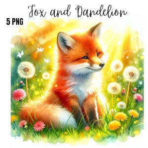 Clipart PNG, renard avec des cliparts sur le thème de pissenlit, art mural, créations en papier, vêtements, impressions numériques. Utilisation commerciale