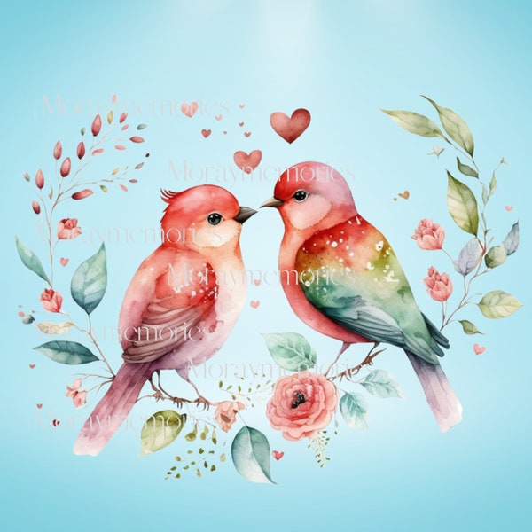 Bird,Love Birds Valentines Day Watercolor Art, bird png, birds, lovebirds svg, love birds png, bird print, chick, birdie, watercolor bird