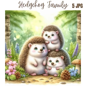 Família de ouriços JPG, clipart de ouriço, clipart em aquarela para impressão, jpgs de alta qualidade, download digital, artesanato em papel, diários de lixo