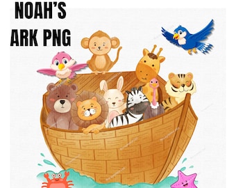 May include: A watercolor illustration of Noah's Ark with a variety of animals, including a monkey, zebra, tiger, ostrich, rabbit, bear, lion, and two birds. The ark is made of wood and has a brown and tan color scheme. The ark is floating on blue water with a pink starfish and a red crab.