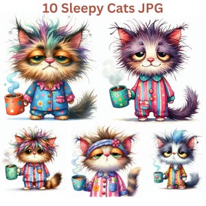 Quirky Sleepy Cat Clipart Bundle – 10 High-Resolution Watercolor JPGs | Digital Download for Junk Journaling, Scrapbooking & Card Making