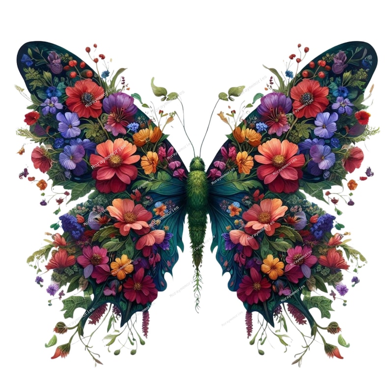 May include: A vibrant illustration of a butterfly with wings composed of colorful flowers. The wings feature a variety of blooms in shades of red, orange, purple, and blue, set against a dark teal background. The butterfly's body is green, and the overall design is detailed and artistic.
